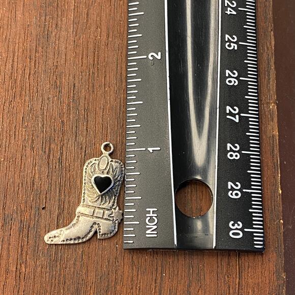 Vintage 925 Sterling Silver Cowboy Boot Black Onyx Heart Pendant Bracelet Charm - Picture 3 of 4